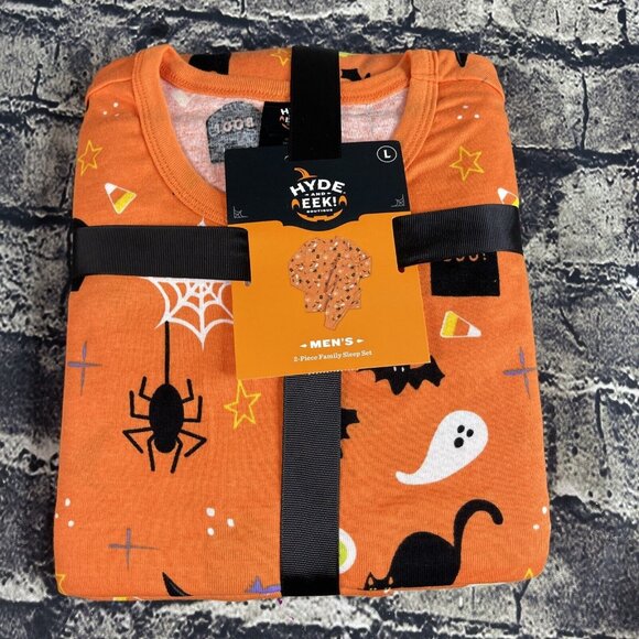 Hyde & Eek Men's Large Orange 2-Pc Halloween PJ Set bat Candy Spider Boo - Picture 1 of 7